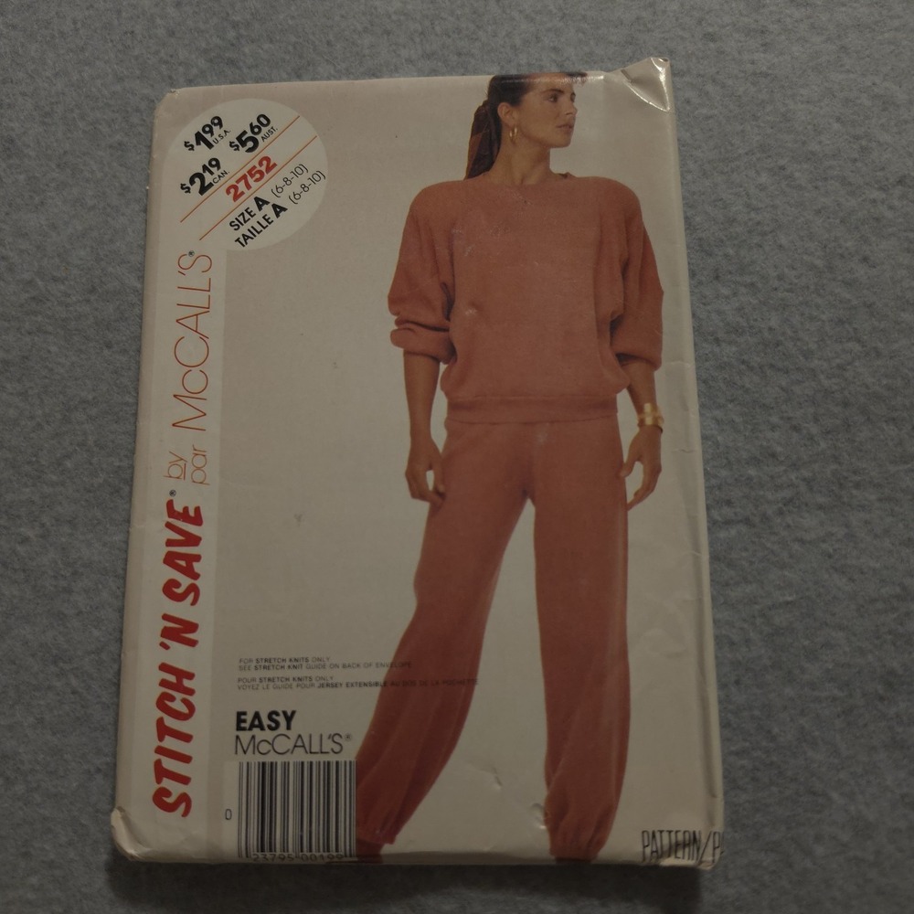 McCall's Pattern 2752‎ Size 6-8-10 Uncut 1986 Stitch 'N Save For Stretch Knits